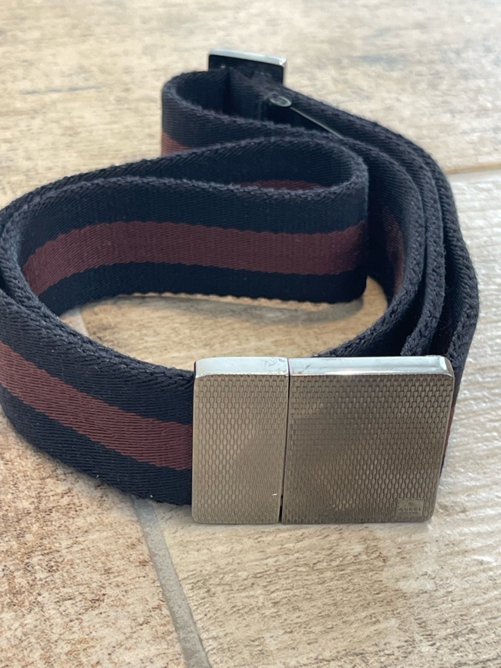 Gucci Canvas Two Tone Brown Black Stripe Web Adjustable Belt Metal Buckle Mens